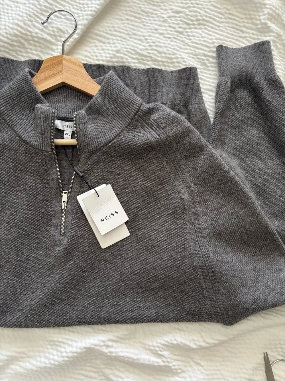 Reiss Gray Textured Funnel Quarter zip Wool Blend Sweater